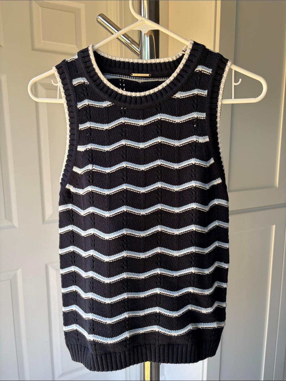 Elie Tahari Navy and White Striped Sleeveless Knit Shell, Size S.
